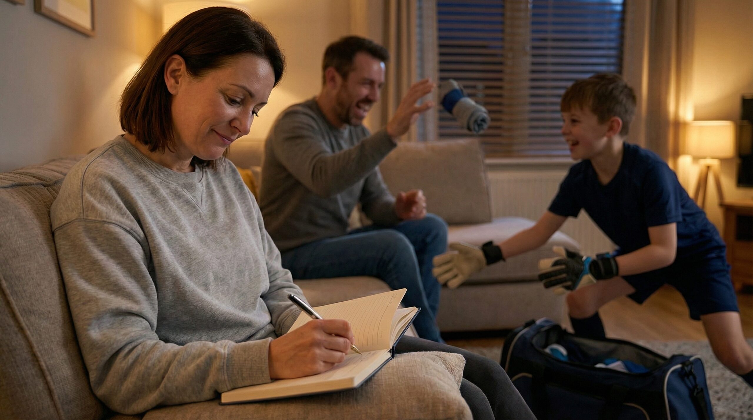 Mamma Scrive papà e figlio giocano